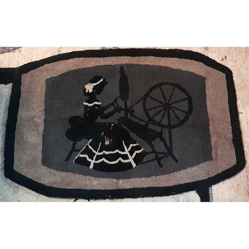 Antique Needlepoint Rug‎ Woman Weaving Spinning Antique Machine Scene UNIQUE